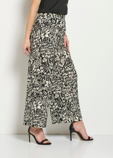 Pantalon large taille élastiquée fleuri ou uni Noir/Ecru