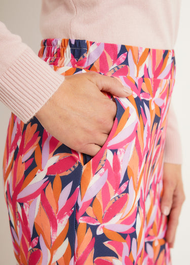 Pantalon large taille élastiquée feuillage Marine/Rose