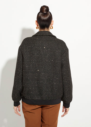 Blouson teddy tweed et détails couture Noir