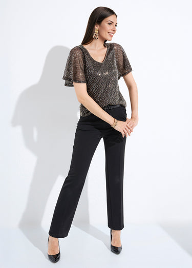 T-shirt pailleté col V manches courtes Noir/Dore