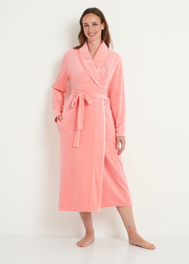 Peignoir long croisé velours uni col châle Rose