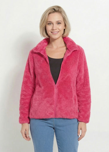 Veste fausse fourrure col montant manches longues Fuchsia