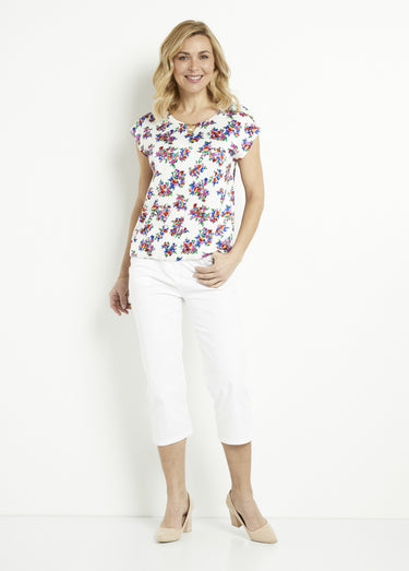 T-shirt blousant col bijou fleuri Fond Blanc