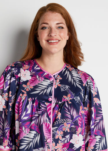 Peignoir long satiné fleuri boutonné Imprime Violet