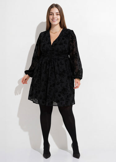 Robe col V en voile et motif velours Noir