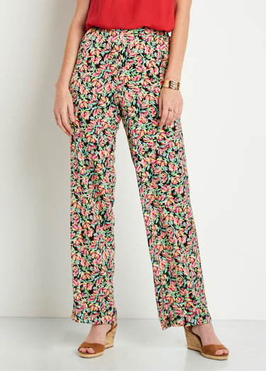 Pantalon taille semi-élastiquée satin fleuri Vert/Rose