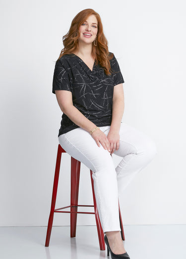T-shirt court col croisé brillant Noir