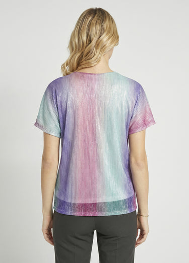 T-shirt court brillant col V effet plissé Rose/Aqua