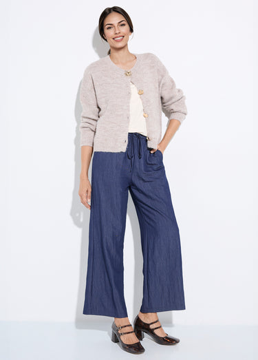 Pantalon fluide élastiqué twill uni Bleu