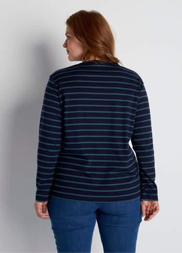 T-shirt marinière court coton manches longues Marine/Vert
