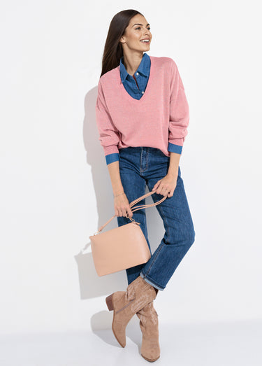 Pull col V maille fine jauge métallisée Vieux Rose
