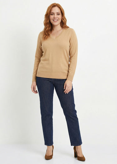 Pull doux col V manches longues Camel