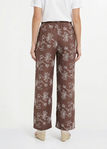 Pantalon large avec sérigraphies fleurs Chocolat
