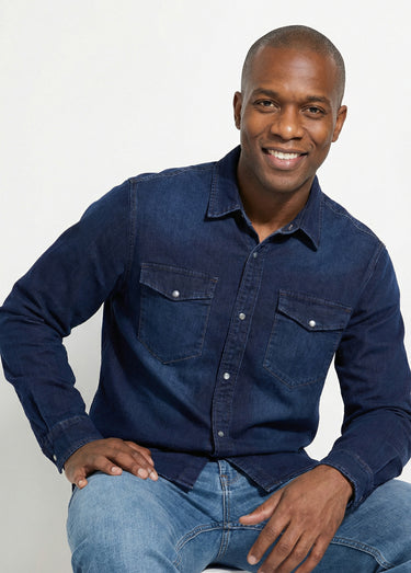 Chemise en jean brut, pressions métal Bleu