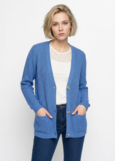 Gilet long boutonné brillant manches longues Bleu