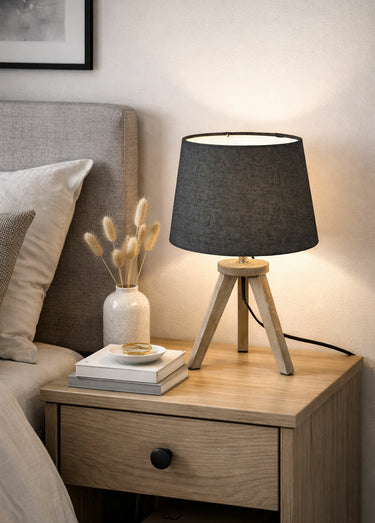Lampe mini trépied bois, abat jour tissu Gris