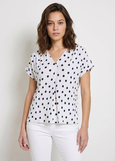 T-shirt ample imprimé pois col V Blanc/Marine