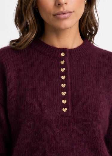 Pull avec laine, col rond boutons métal Bordeaux