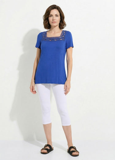 T-shirt long évasé col carré effet brodé Bleu Dur