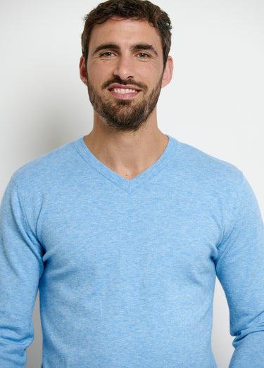 Pull col V maille empiècements coudes Bleu Chine