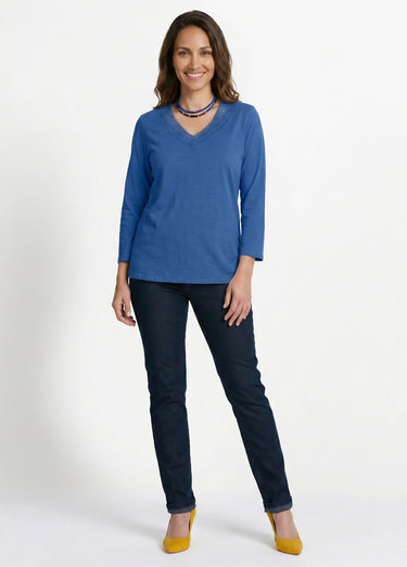 T-shirt manches 3/4 coton et macramé Bleu