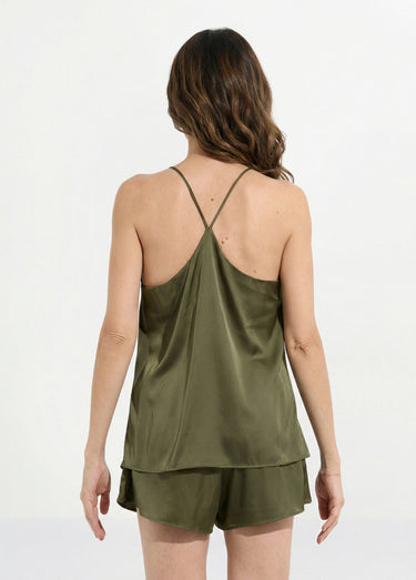 Pyjama short satin, bretelles croisées Kaki