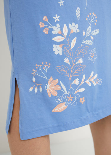 Chemise de nuit mi longue coton uni motif fleuri Imprimé bleu/rose