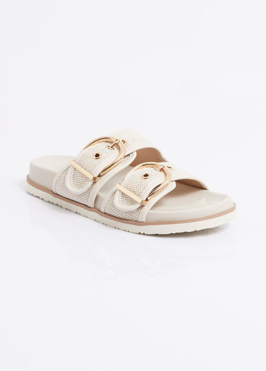 Mules chic tissu natté et boucles métal Beige