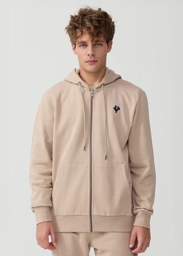 Sweat shirt zippé à capuche, kangourou Beige
