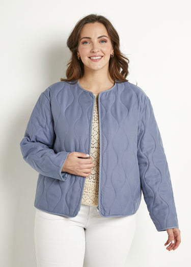 Veste unie matelassée zippée courte col rond Bleu Jean