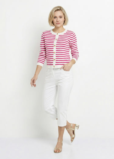Gilet cardigan court col rond rayé boutonné Raye Fuchsia