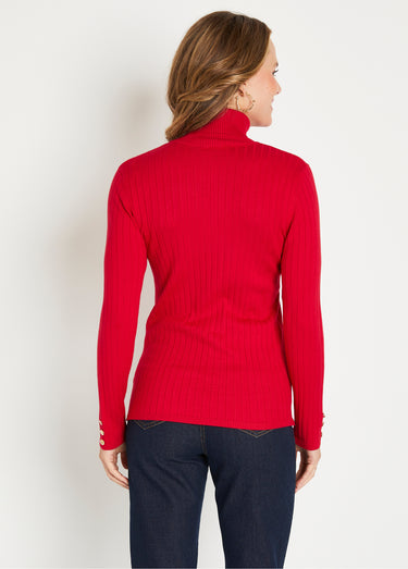 Pull doux côtelé court col roulé côtes plates Rouge