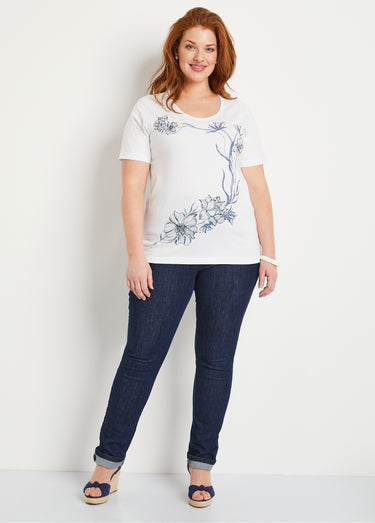 T-shirt motif fleurs encolure ronde Fond Blanc