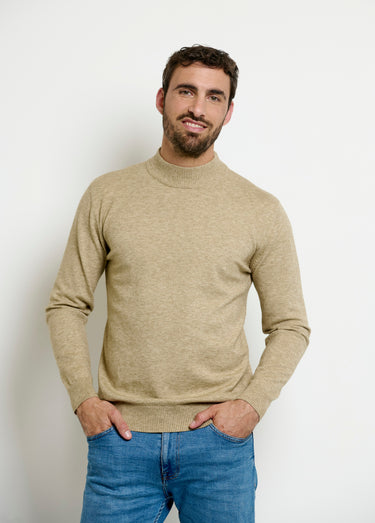 Pull chiné col montant fines côtes Beige