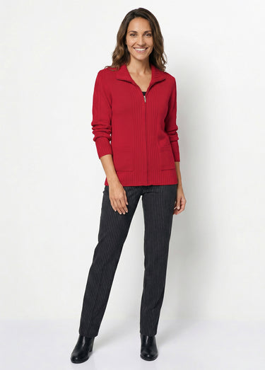 Gilet zippé uni mi-long maille épaisse Framboise