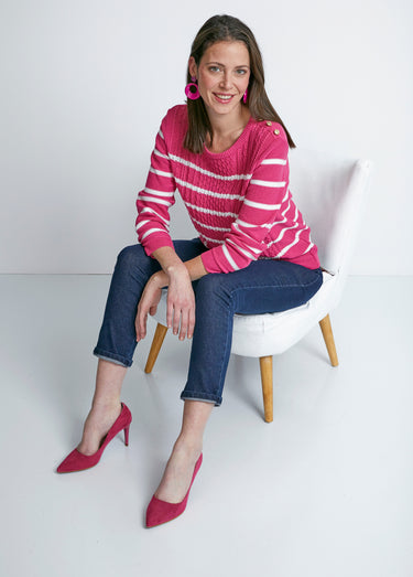 Pull rayures et boutons esprit marinière Framboise/Blanc