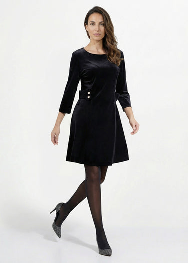 Robe en velours col rond, taille marquée Noir