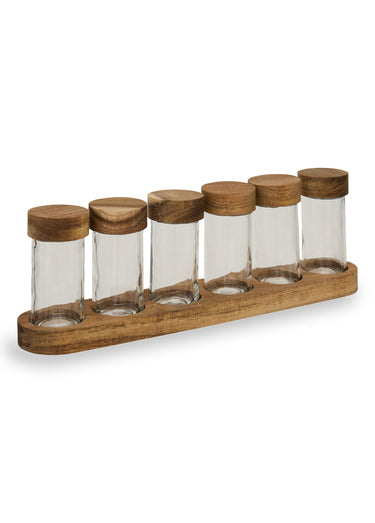 Set 6 pots épices verre + plateau acacia Bois