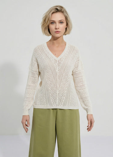 Pull maille ajourée col V Ficelle