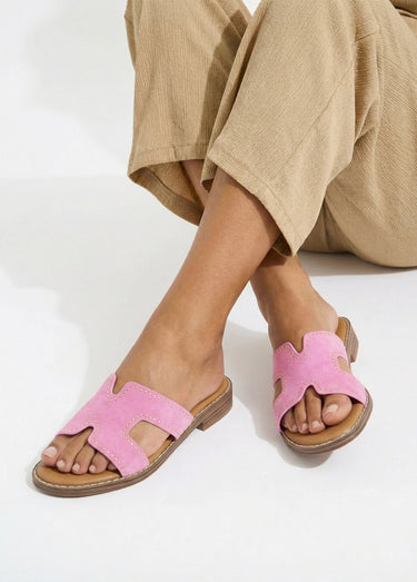 Mules suédine forme H avec clous métal Fuchsia