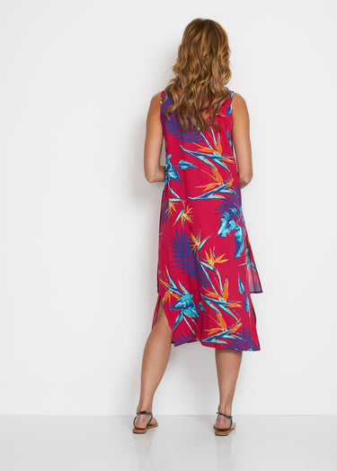 Robe mi-longue sans manches motif végétal Fond Framboise