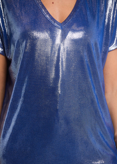 T-shirt métallisé col V manches tombantes Bleu