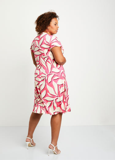 Robe courte évasée motif feuilles Rose/Ecru