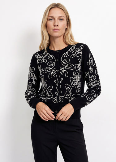 Gilet cardigan boutonné court brodé Noir/Ecru