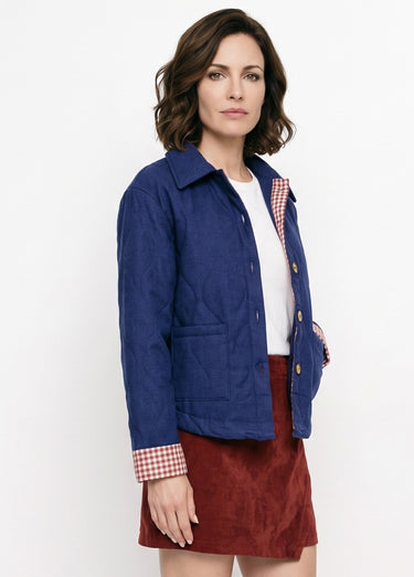 Veste matelassée poignets revers vichy Bleu Jean