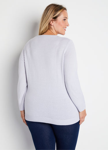 Pull doux uni brodé ajouré col rond Argent