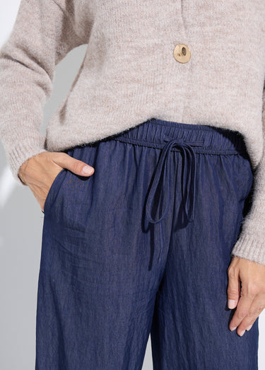 Pantalon fluide élastiqué twill uni Bleu