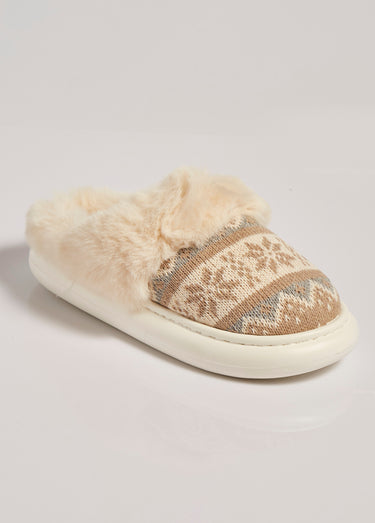 Chaussons fourrure et jacquard thème Noël Beige