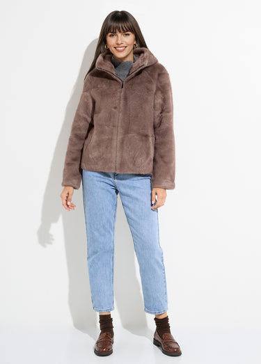 Blouson court en fourrure avec capuche Taupe