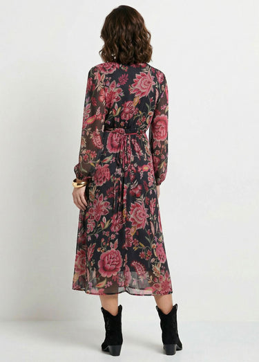 Robe longue cache-coeur volantée voile fleuri Noir/Prune